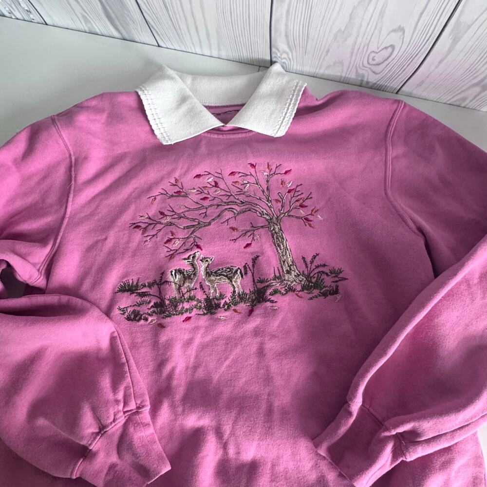Vintage 1990s
Pink Cottage Collared Sweatshirt Deer Autumn
